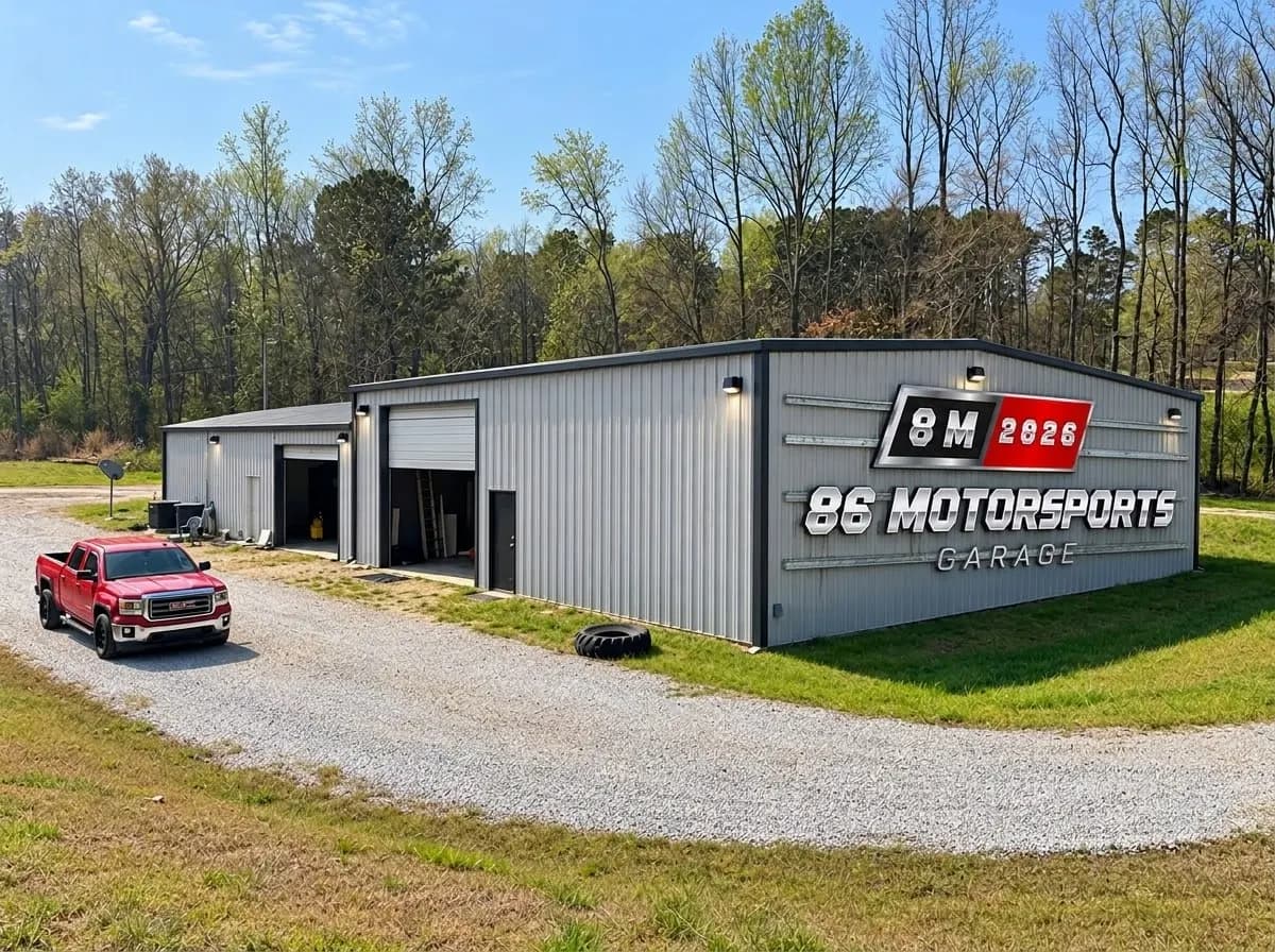 Exterior y letrero de 86 MotorSports Garage en Hoschton, Georgia